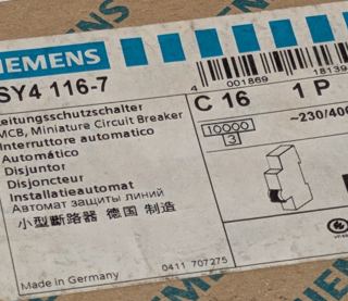 Siemens 5SY4 116-7 - MCB Leitungsschutzschalter Typ C, Pol 1 16A 400V