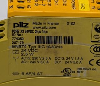 Pilz 774350 – Typenschild P2HZ X3 mit ID-Nr. 774350 und Schaltdaten